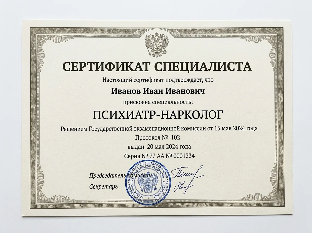 Сертификат специалиста психиатра-нарколога, официальный медицинский документ на белом фоне с печатью учебного заведения