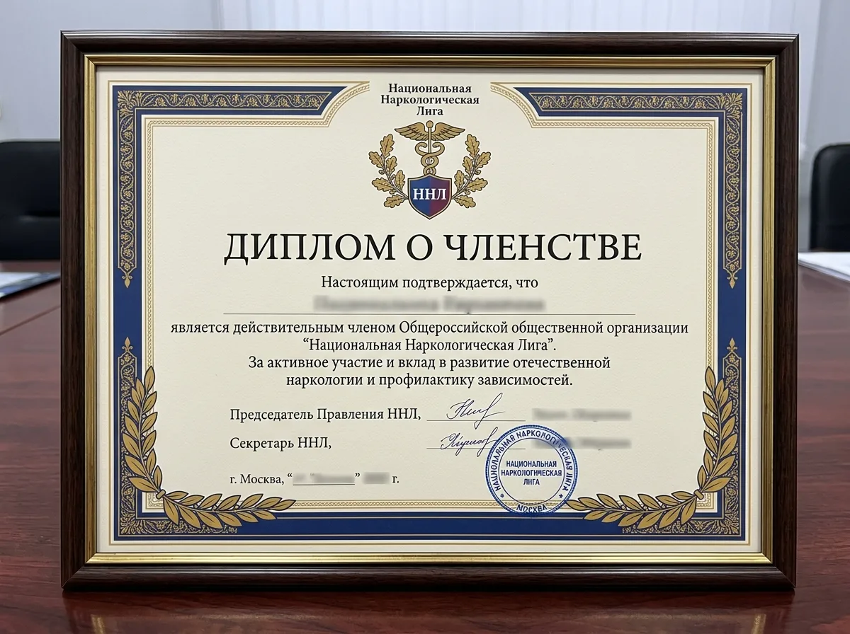 Диплом членства в Национальной наркологической лиге России, официальный документ с логотипом организации